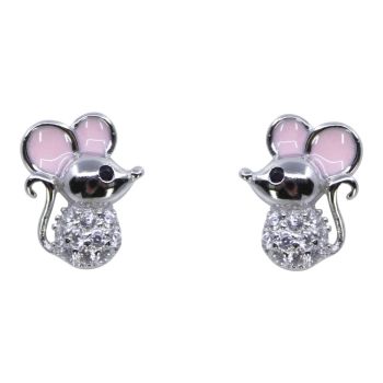 Silver Clear CZ &amp; Pink Enamelled Mouse Stud Earrings (£3.30 per pair)