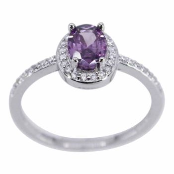 Rhodium plated sterling Silver ring with Clear and Amethyst cubic zirconia stones.