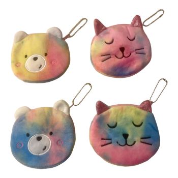 Rainbow Velvet kids Cat And Bear  Coin Purse On keychain -(£0.50 Each )
