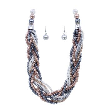 Plaited Glass Pearl Necklace & Pierced Drop Earring Set (£3.30 per set)