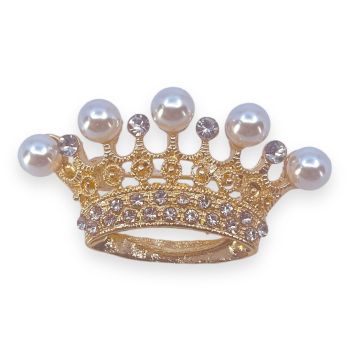 Gold or Rhodium colour plated crown design brooch with genuine Clear crystal stones and imitation White pearls.
