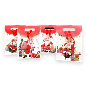 medium size Santa design  Christmas gift bags with a velcro fastner and a decorative ribbon bow.

Available as a pack of 12 assorted.

Designs may vary .

Size approx 27 x 19 x 19.2 cm .

Discount available in quantity .