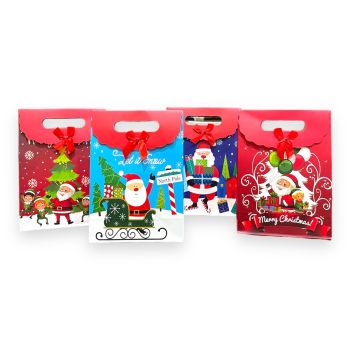Medium size Assorted  Santa   Christmas gift bags with a velcro fastner and a decorative ribbon bow.

Available as a pack of 12 assorted.

Designs may vary slightly from those shown.

Size approx 27 x 19 x 19.2 cm .

Discount available in quantity