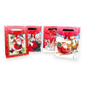 Medium size Assorted  Santa and Snowman  Christmas gift bags with a velcro fastner and a decorative ribbon bow.

Available as a pack of 12 assorted.

Designs may vary slightly from those shown.

Size approx 27 x 19 x 19.2 cm .

Discount available 