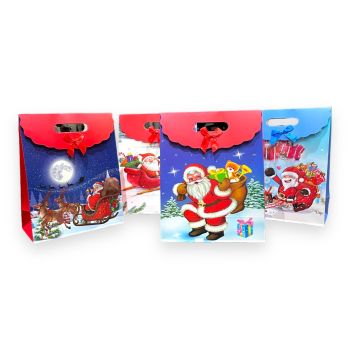 Large  size Assorted Santa design Christmas  gift bags with a velcro fastner and a decorative ribbon bow.

Available as a pack of 12 assorted.

Designs may vary slightly from those shown.

Size 25 x 31.5 x 12 cm

Discount available in quantity .