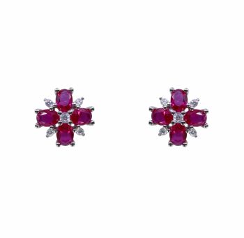 Rhodium plated sterling Silver stud earrings with Clear and Rhodolite cubic zirconia stones.