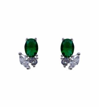 Rhodium plated sterling Silver stud earrings with Clear and Emerald cubic zirconia stones.
