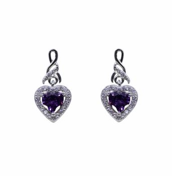 Rhodium plated sterling Silver heart design drop earrings with Clear and Amethyst cubic zirconia stones.