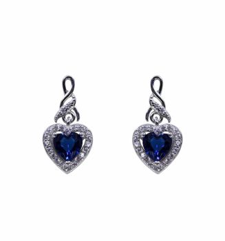 Rhodium plated sterling Silver heart design drop earrings with Clear and Sapphire cubic zirconia stones.
