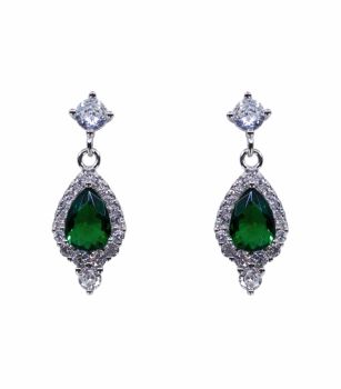 Rhodium plated sterling Silver drop earrings with Clear and emerald cubic zirconia stones.
