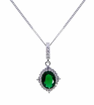 Rhodium plated sterling Silver pendant with Clear and Emerald cubic zirconia stones.
