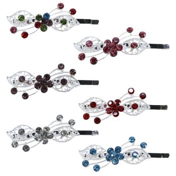 Rhodium colour plated floral hair slides with genuine crystal stones.
