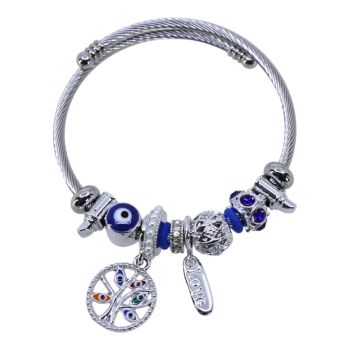 Rhodium colour plated tree of life charm bracelet with assorted charms and enamelling.
Adjustable size.
