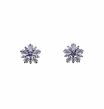 Rhodium plated sterling Silver stud earrings with Clear and Amethyst cubic zirconia stones.
