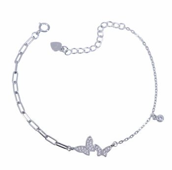 Rhodium plated sterling Silver butterfly design bracelet with Clear cubic zirconia stones.
