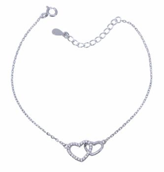 Rhodium plated sterling Silver interlocking hearts design bracelet with Clear cubic zirconia stones.
