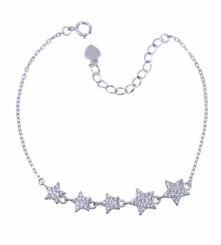 Rhodium plated sterling Silver star design bracelet with Clear cubic zirconia stones.
