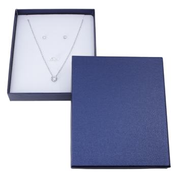 Navy leatherette card universal box with a White velvet covered foam inset.
