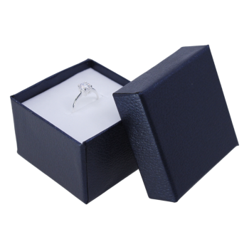 Navy leatherette card ring box with a White velvet covered foam inset.
