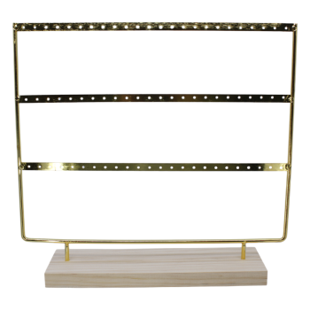 Gold colour plated metal, 3 tier earring display stand with a real wood base.
