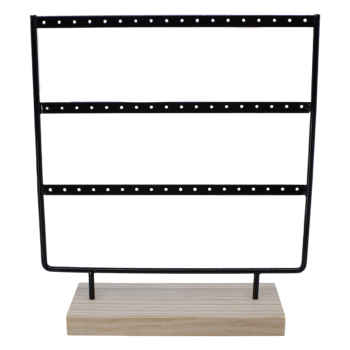 Black metal, 3 tier earring display stand with a real wood base.
