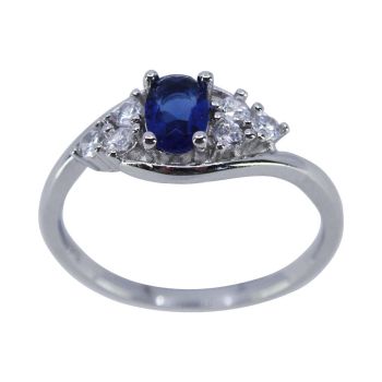 Rhodium plated sterling Silver ring with Clear and Sapphire cubic zirconia stones.