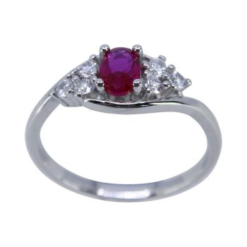 Rhodium plated sterling Silver ring with Clear and Fuchsia cubic zirconia stones.