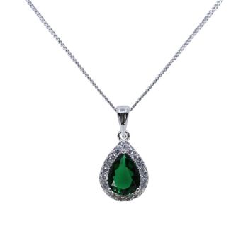 Rhodium plated sterling Silver teardrop pendant with Clear and Emerald cubic zirconia stones.

