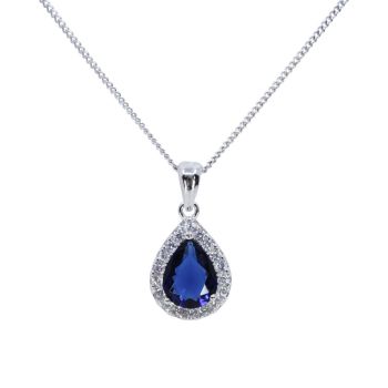 Rhodium plated sterling Silver teardrop pendant with Clear and Sapphire cubic zirconia stones.
