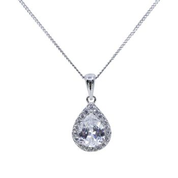 Rhodium plated sterling Silver teardrop pendant with Clear cubic zirconia stones.
