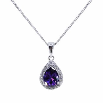 Rhodium plated sterling Silver teardrop pendant with Clear and Amethyst cubic zirconia stones.
