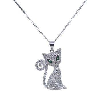 Rhodium plated sterling Silver cat design pendant with Clear and Emerald cubic zirconia stones.
