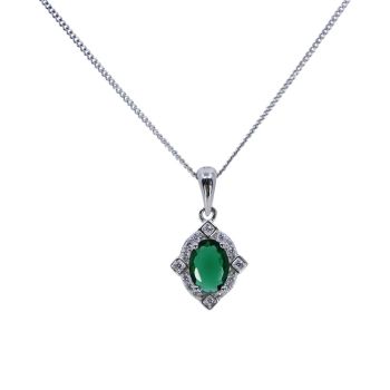 Rhodium plated sterling pendant with Clear and Emerald cubic zirconia stones.
