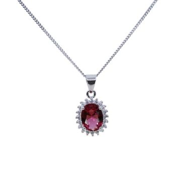 Rhodium plated sterling Silver oval pendant with Clear and Ruby cubic zirconia stones.
