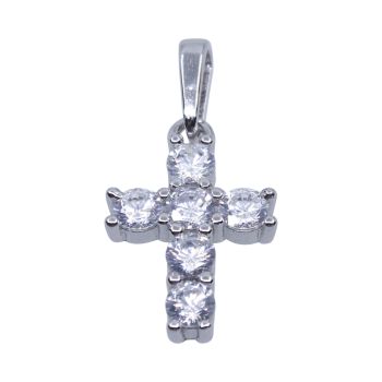Rhodium plated sterling Silver cross pendant with Clear cubic zirconia stones.
