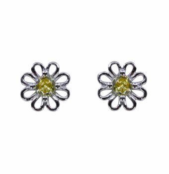 Rhodium plated sterling Silver flower design stud earrings with Jonquil cubic zirconia stones.
