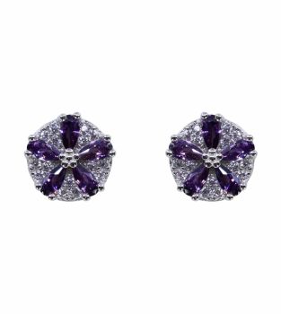 Rhodium plated sterling Silver flower design stud earrings with Clear and Amethyst cubic zirconia stones.
