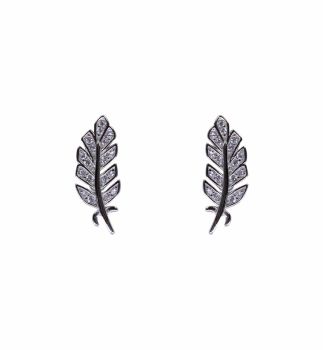 Rhodium plated sterling Silver feather design stud earrings with Clear cubic zirconia stones.
