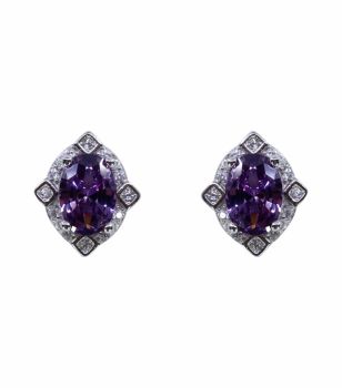 Rhodium plated sterling Silver stud earrings with Clear and Amethyst cubic zirconia stones.
