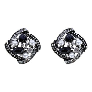 Oxidised Rhodium colour plated clip-on stud earrings with genuine Clear crystal stones, imitation pearls and acrylic jewels.
