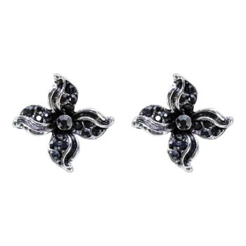 Oxidised Rhodium colour plated flower clip-on stud earrings with genuine crystal stones.
