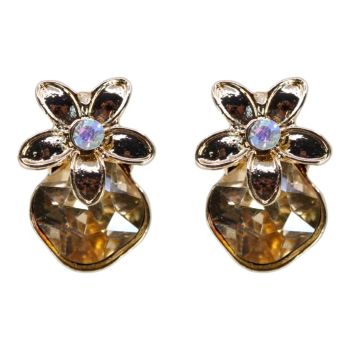Gold colour plated flower design clip-on stud earrings with genuine AB crystal stones and faceted glass stones.
