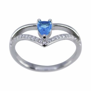 Rhodium plated sterling Silver ring with Clear and Aqua cubic zirconia stones