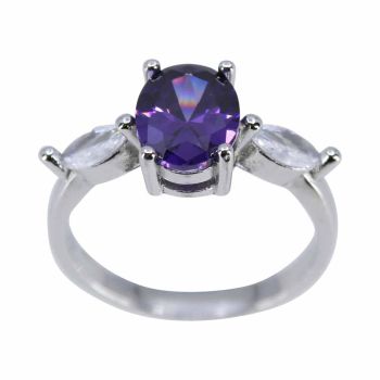 Rhodium plated sterling Silver ring with Clear and Amethyst cubic zirconia stones