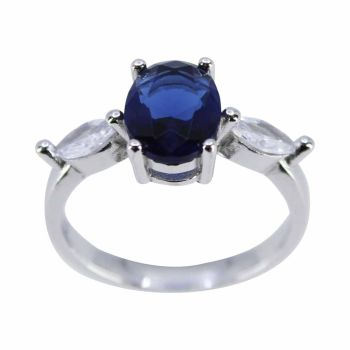 Rhodium plated sterling Silver ring with Clear and Sapphire cubic zirconia stones