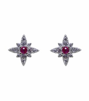 Rhodium plated sterling Silver stud earrings with Clear and Fuchsia cubic zirconia stones.