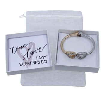 Valentines day boxed set with a hinged Two tone double love heart bangle with genuine Clear crystal stones.

