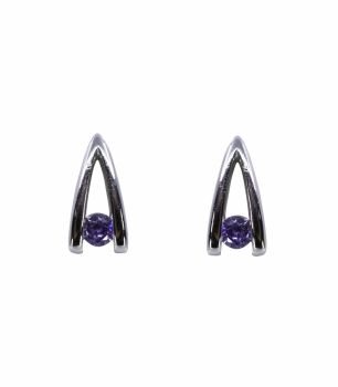 Rhodium plated sterling Silver stud earrings with Amethyst cubic zirconia stones.
