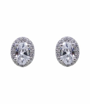 Rhodium colour plated sterling Silver oval stud earrings with Clear cubic zirconia stones.
