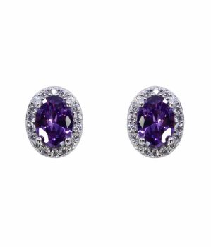 Rhodium plated sterling Silver oval stud earrings with Clear and Amethyst cubic zirconia stones.
